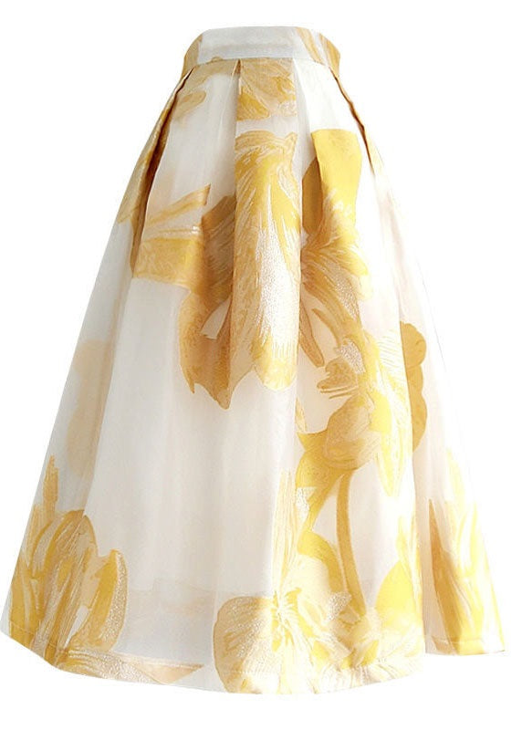 Jupe en tulle brodée patchwork froissée jaune pour femme Été AZ1038