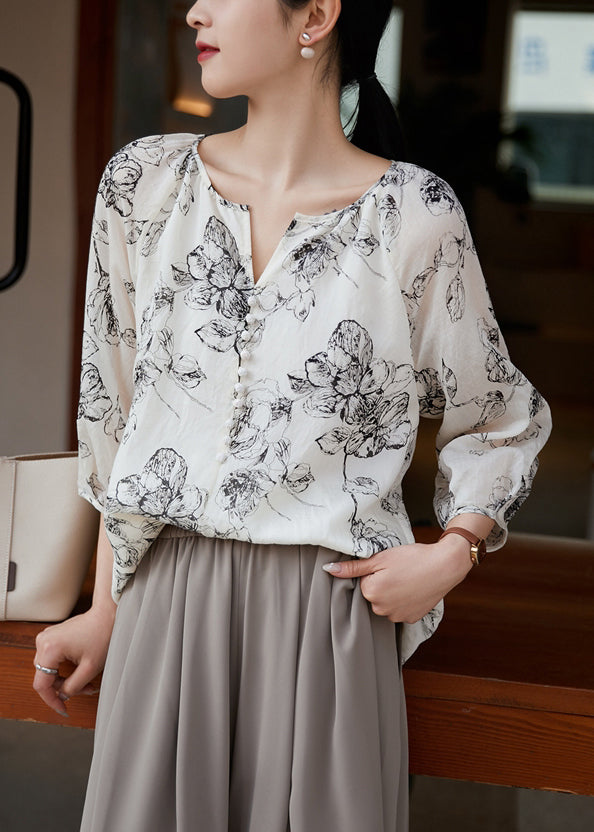 White Boho Oversized Shirts Sleeve Bracelet Cotton Print