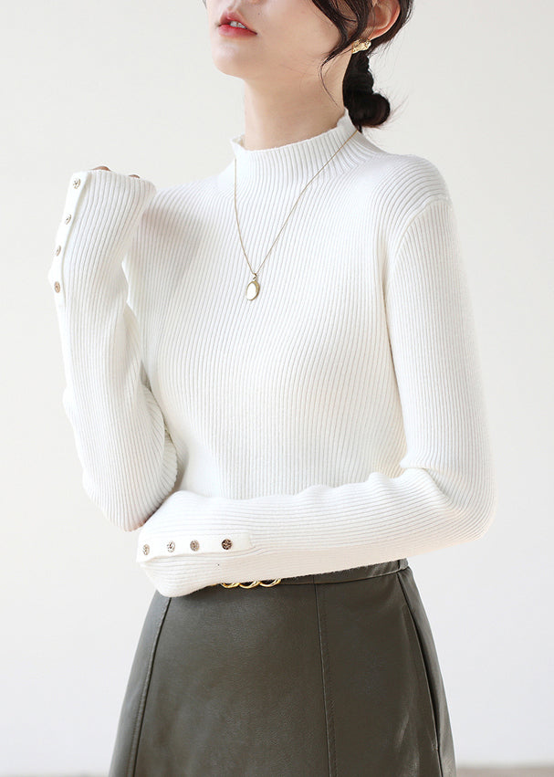 Nouveau pull blanc en tricot patchwork à col montant et boutons pour l'hiver RV026