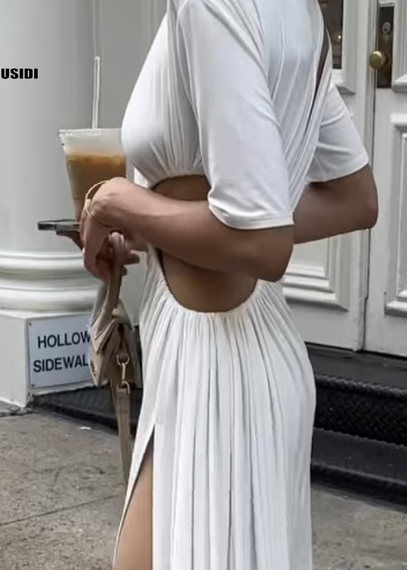 Sexy Weiß Asymmetrische Design Aushöhlen Seite Offen Kleider Sommer EE001