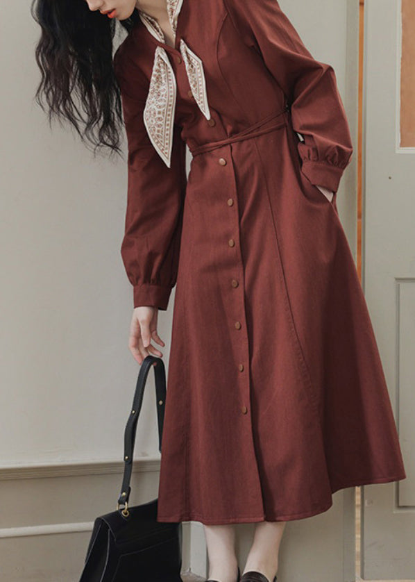 Fit Slim Pockets Kleid Schleife Rot Frühling Maxi Button