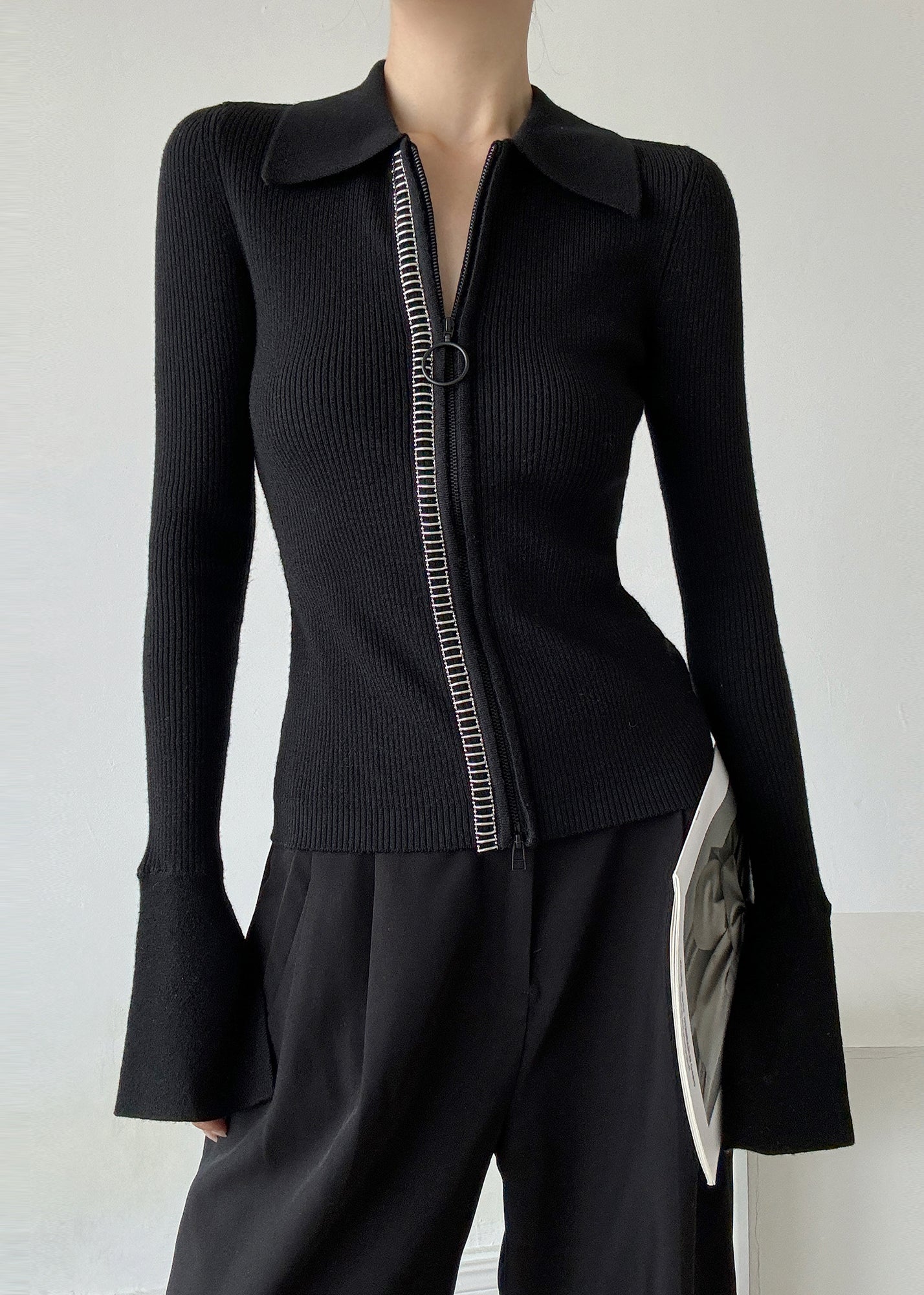 Pull en laine noir italien à col Peter Pan et fermeture éclair, style patchwork, hiver RV028