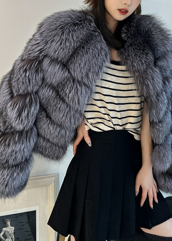 Veste d'hiver grise en cuir et fourrure patchwork WV010