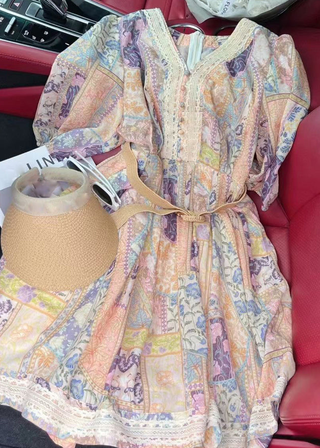 Robe mi-longue à imprimé col en V chic et ceintures à demi-manches QP054