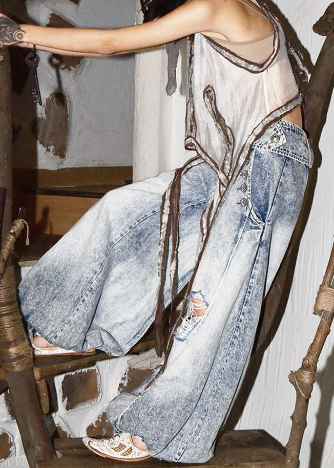 Pantalon de printemps large bleu style denim taille haute déchiré