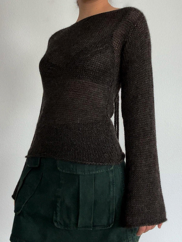 Pull vintage marron à col rond et manches longues en cloche avec lacets croisés dans le dos AN1039