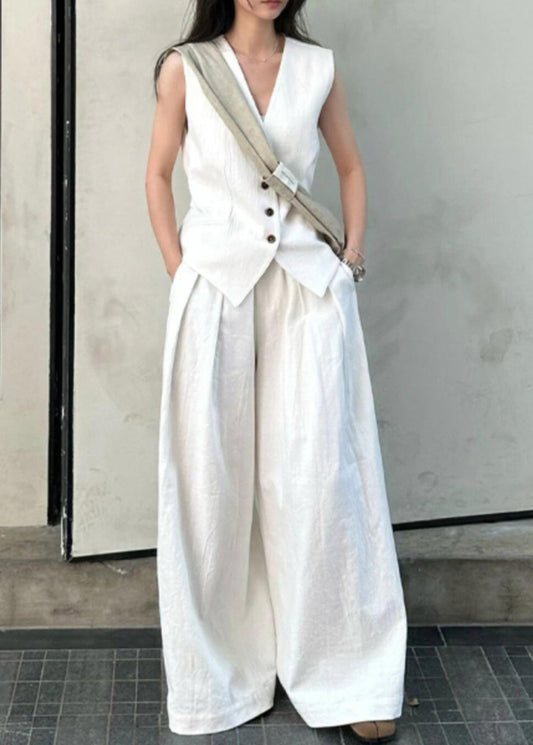 Ensemble deux pièces gilet en lin blanc à col en V et pantalon large Vogue été AN1030
