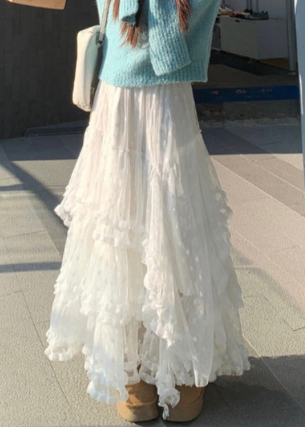 White Skirts French Ruffled High Lace Waist Spring