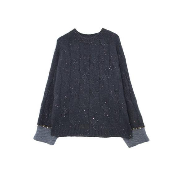 Schicker grauer O-Ausschnitt Pailletten Langarm mit Perlen Strickpullover TW022