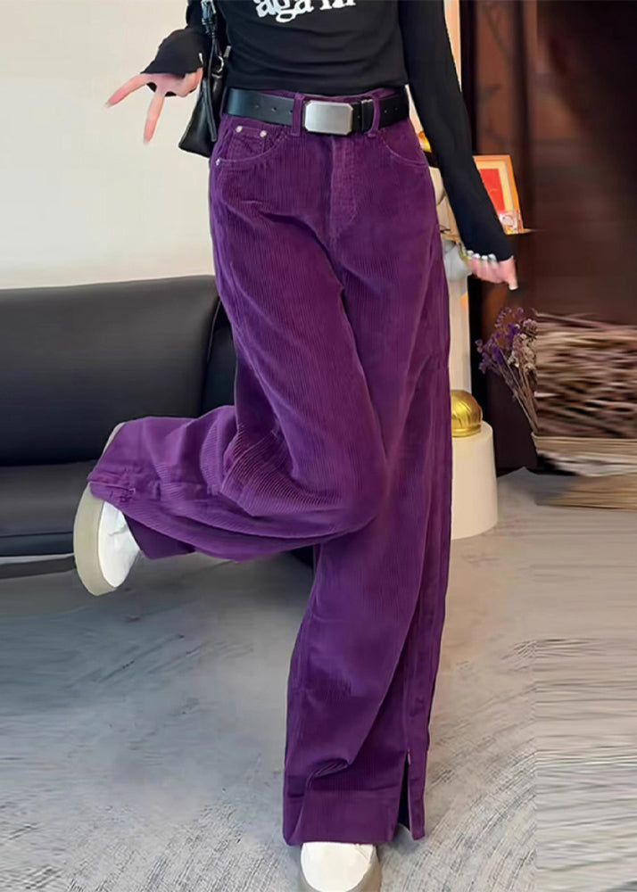 Pantalon droit violet en velours côtelé taille haute simple ouvert sur le côté