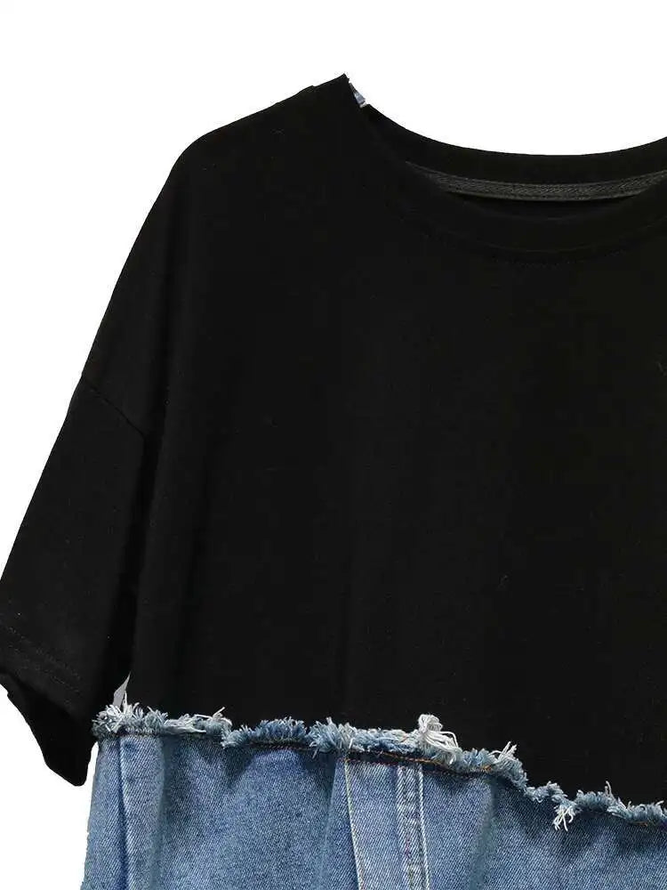 T-shirt court blanc à manches patchwork et ourlet rond en denim Street