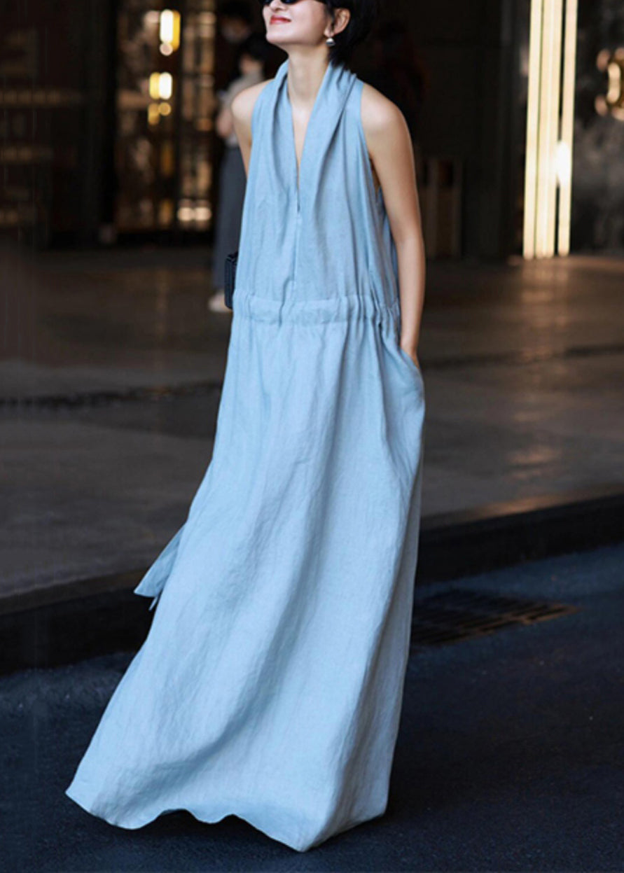 Neu Licht Leinen Solide Kleider Blau Robe Taille Krawatte