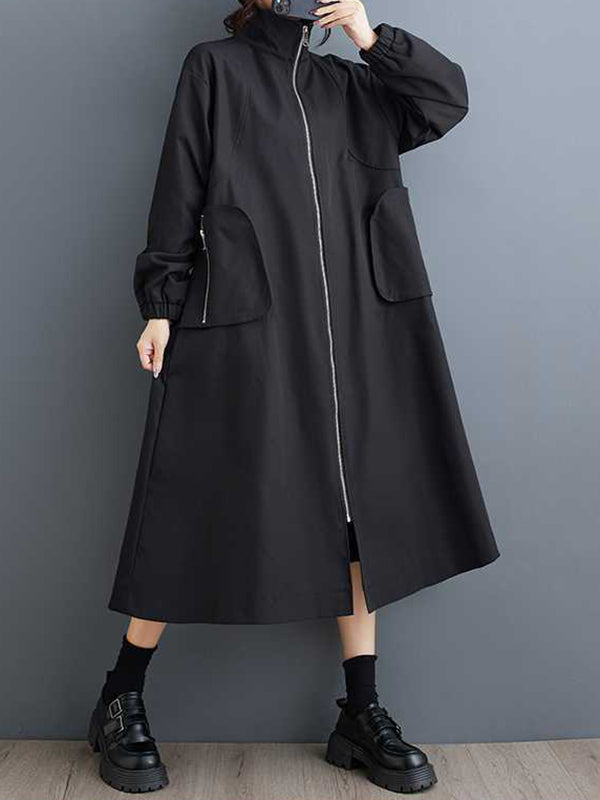 Trench-coat rétro kaki à col montant, poches zippées et manches longues TW005