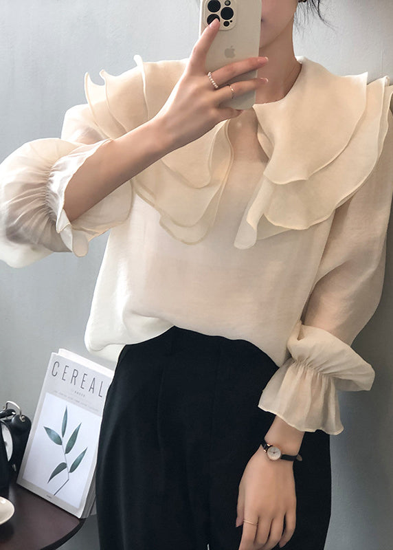 Chemise blanche en coton fin à volants et manches longues en patchwork AF1028