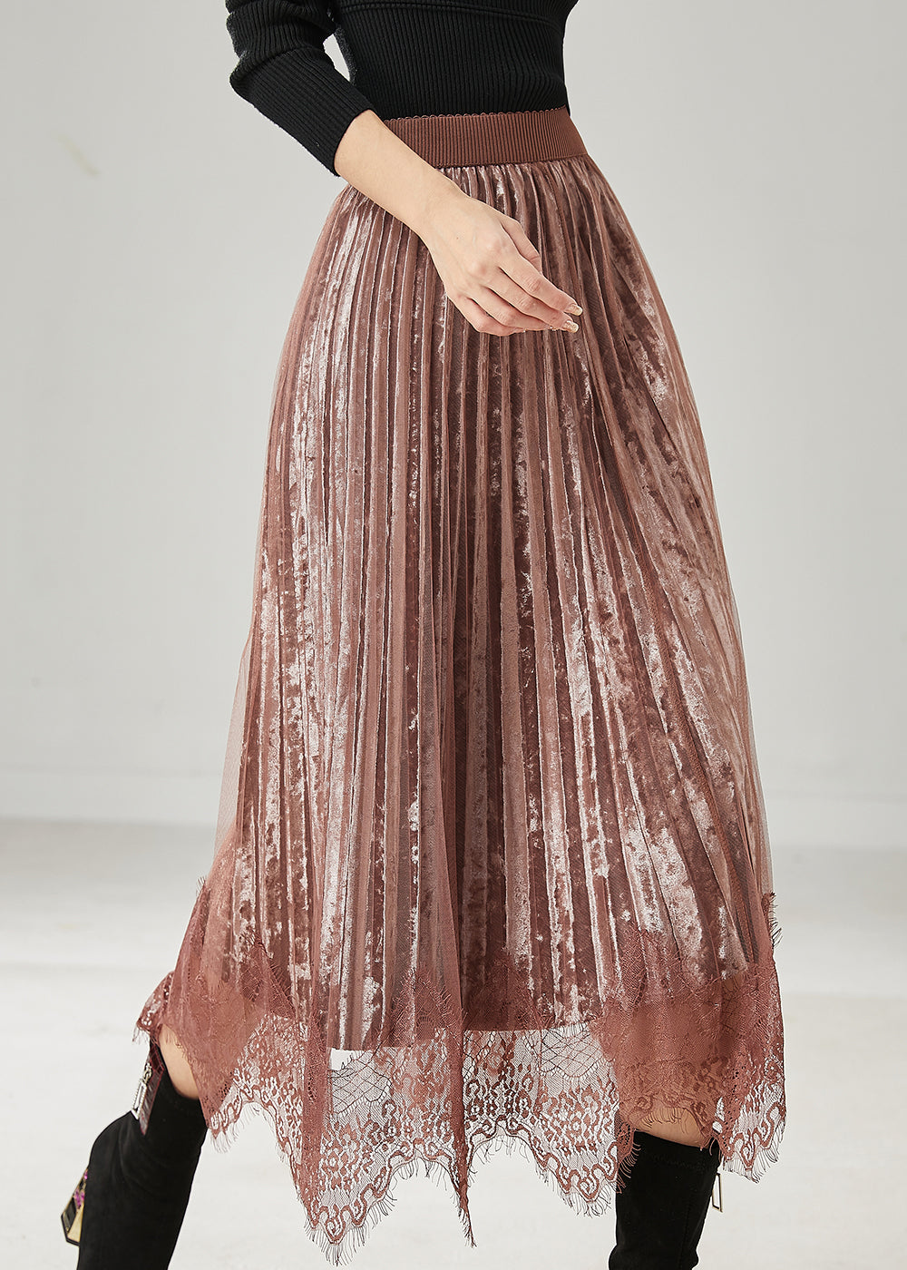Jupes plissées en velours de soie et dentelle patchwork marron modernes Printemps AZ1039