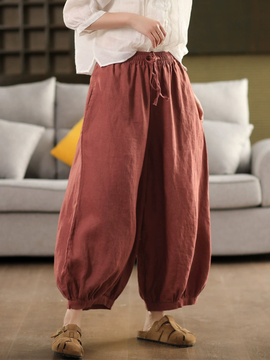 Pantalon sarouel décontracté 100 % lin pour femme, couleur été