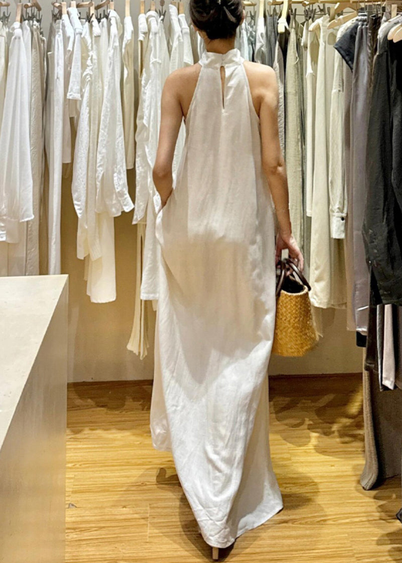 Nouvelles robes longues blanches en coton uni à épaules dénudées sans manches EE011