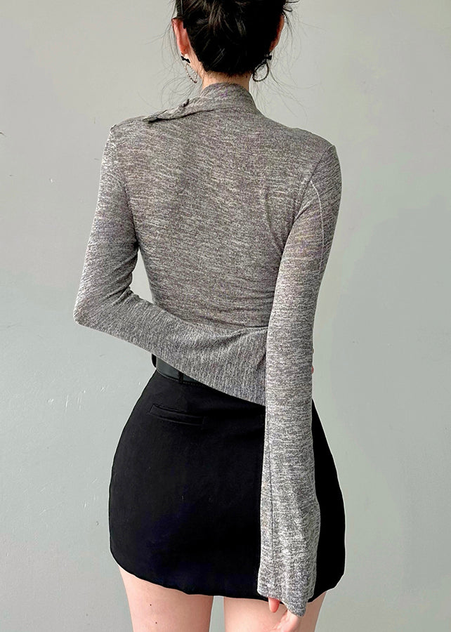 T-shirts élégants en coton patchwork à col montant gris pour l'automne AN1002