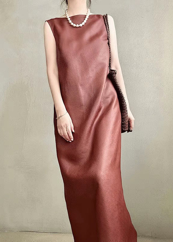 Offene Seite Ärmellos Lange Rücken Elegante Rote Kleid Taschen Seide