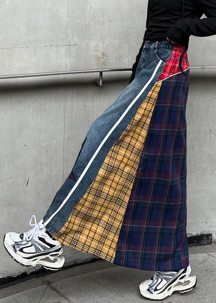 Jupes en jean jaunes à taille haute et boutons à carreaux