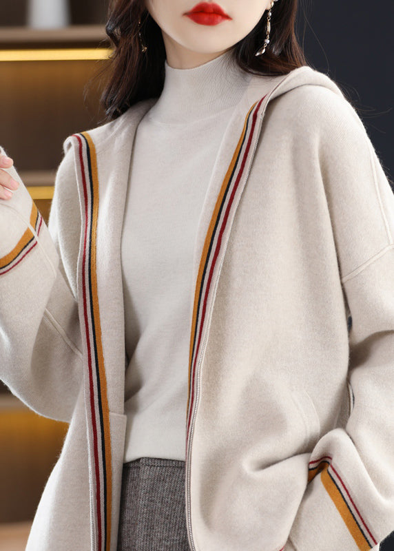 Cardigan à capuche en laine beige zippé et confortable, style patchwork, hiver WV020