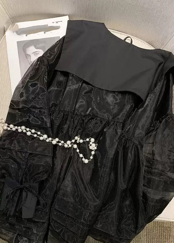Langer Hals Mid V Kleider Französisch Tüll Patchwork Schwarz Ärmel