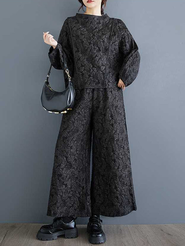 Edles schwarzes Jacquard-Set mit Raglanärmeln, Rundhalsausschnitt und weiten Hosenbeinen, Taschen in der Taille und Gummizug im Hosenbund WS014