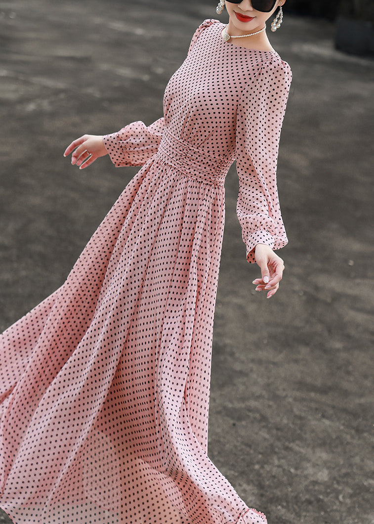 Ärmel Hals Rosa Slim Fit Kleider Dot Lange O Chiffon