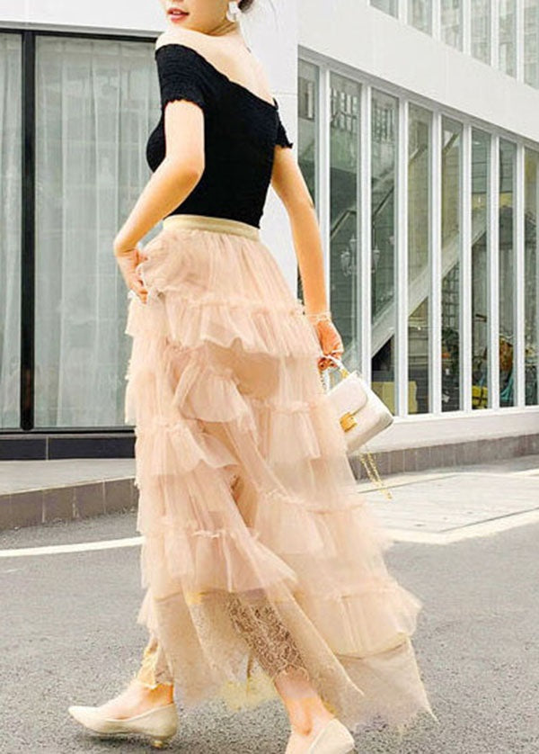 Jupes en tulle patchwork en dentelle froissée abricot mignonnes printemps AZ1021
