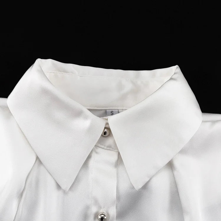 Satin Off Tie Top Ärmel Party Lange Schulter Revers Weiß mit