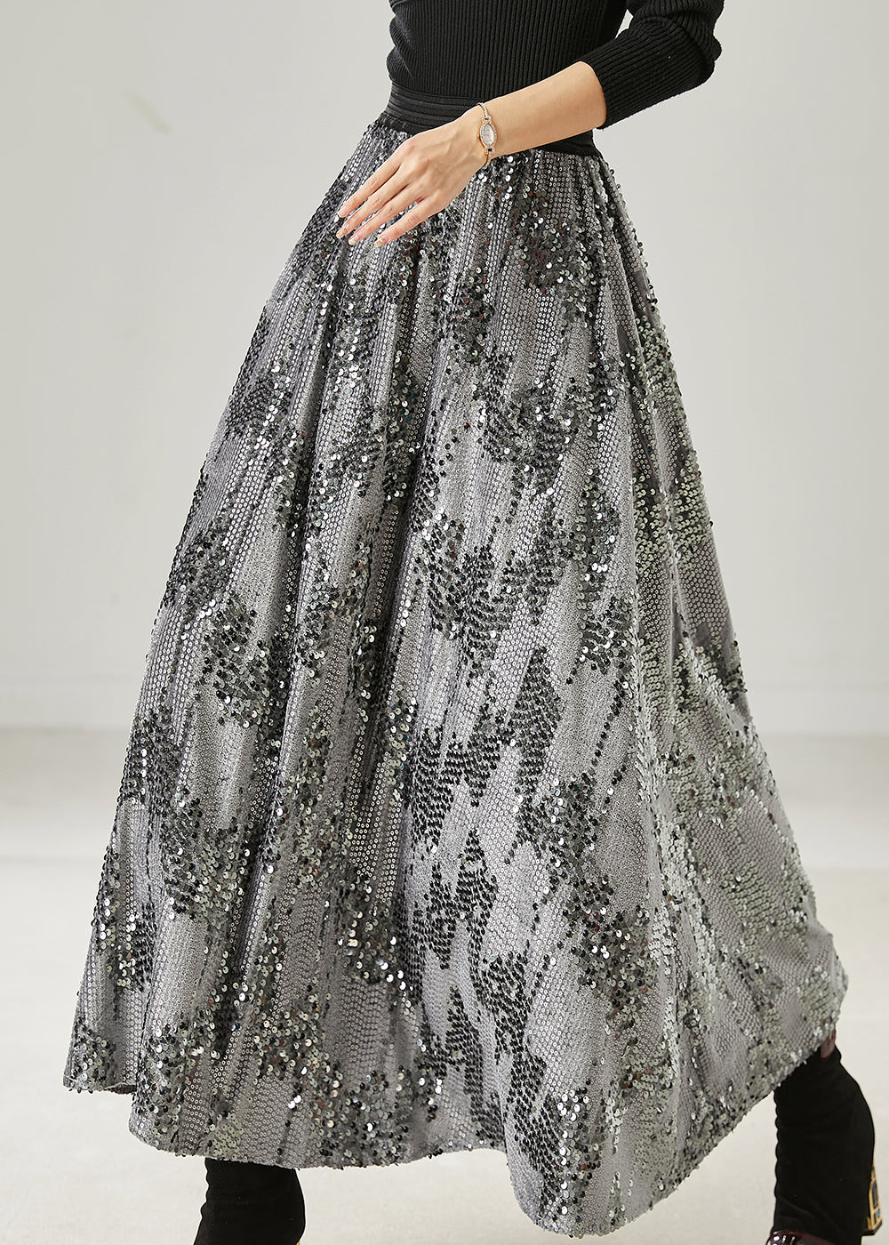 Jupe d'été à sequins gris français à ourlet extra large AZ1035