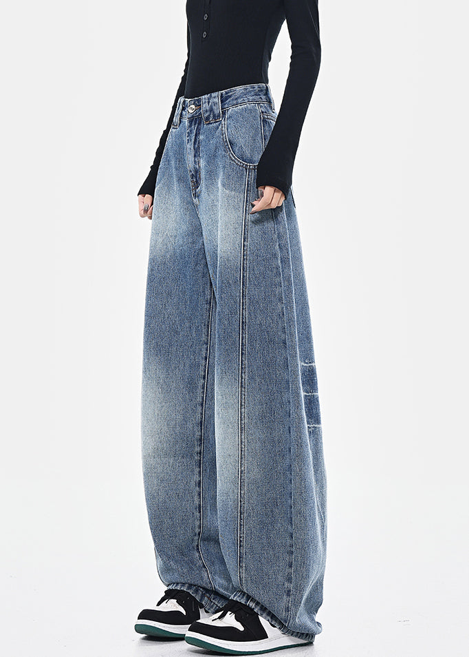 Pantalon mode poches hautes printemps bleu patchwork taille denim