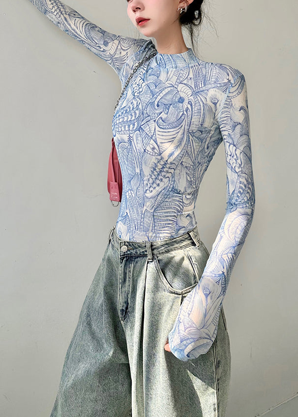 T-shirts en tulle bleu à col montant et imprimés originaux pour l'automne AN1022