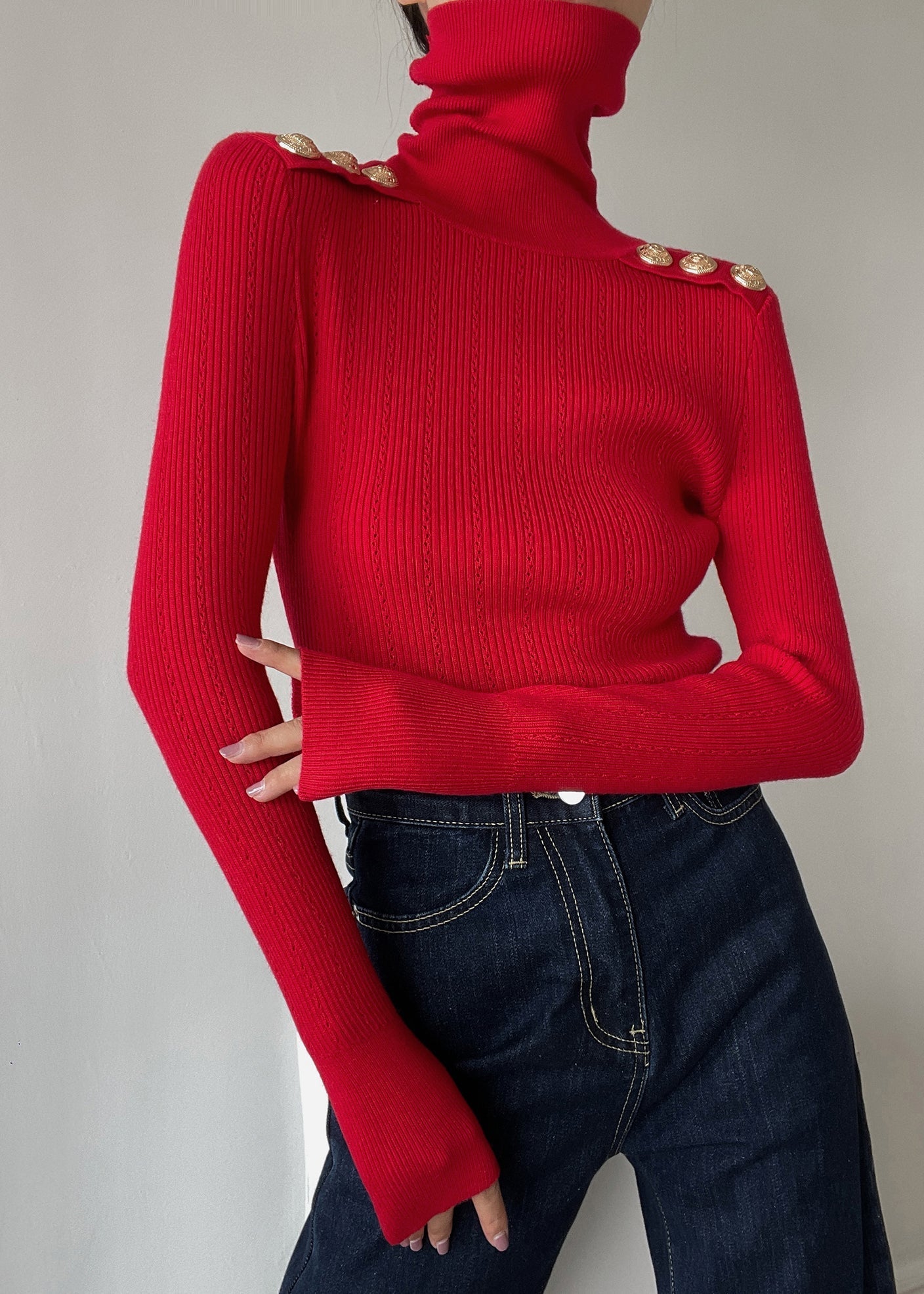 Pull élégant en laine noire à col montant et patchwork, idéal pour l'hiver (RV023)