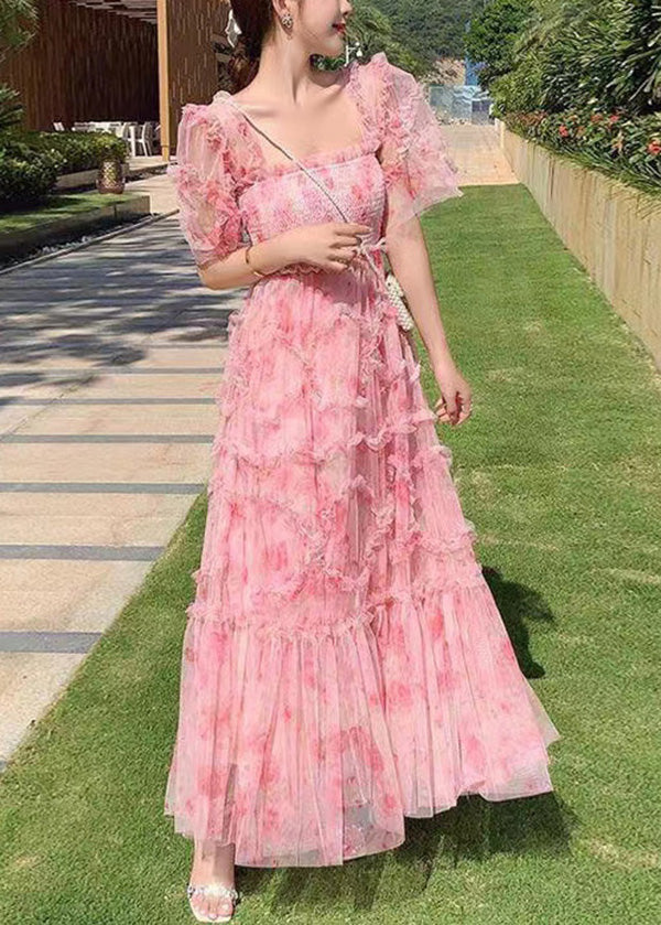 Robe longue en tulle imprimé à volants et col carré noir Vogue Été AZ1011