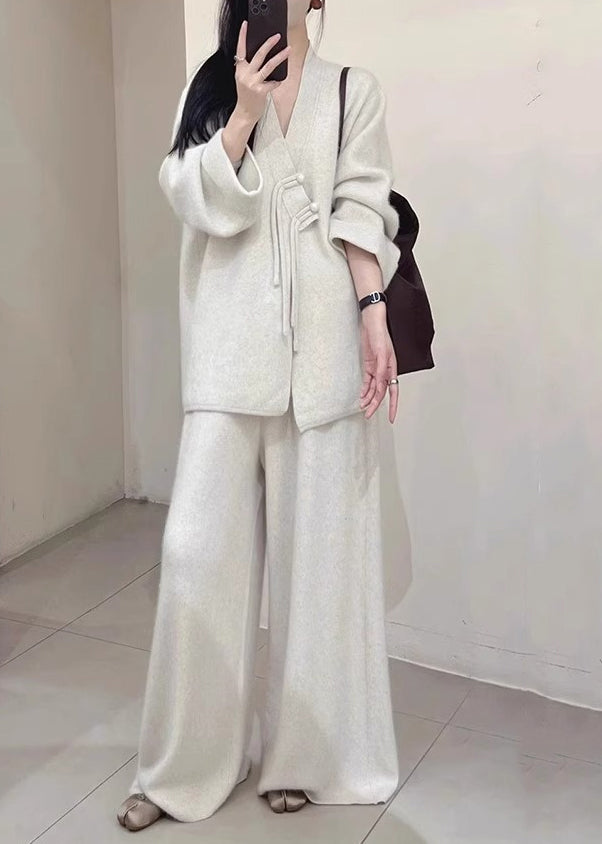 Ensemble deux pièces gris clair avec manteau et pantalon en tricot boutonné à col en V, automne WV028