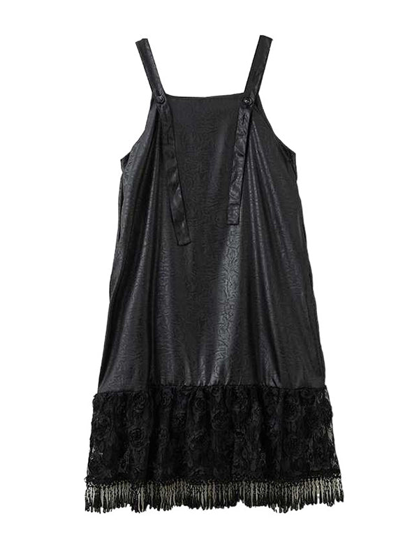 Elegantes schwarzes Hosenträgerkleid mit quadratischem Kragen und Jacquard-Patchwork-Spitze und gerüschtem Saum TW010