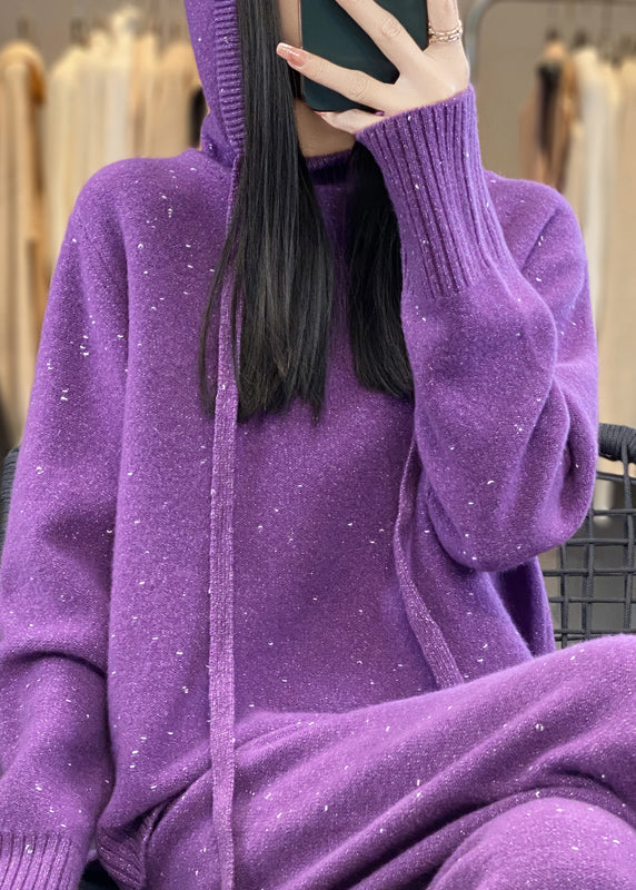 Ensemble deux pièces en laine bio noir avec pull à capuche et pantalon, automne WV018