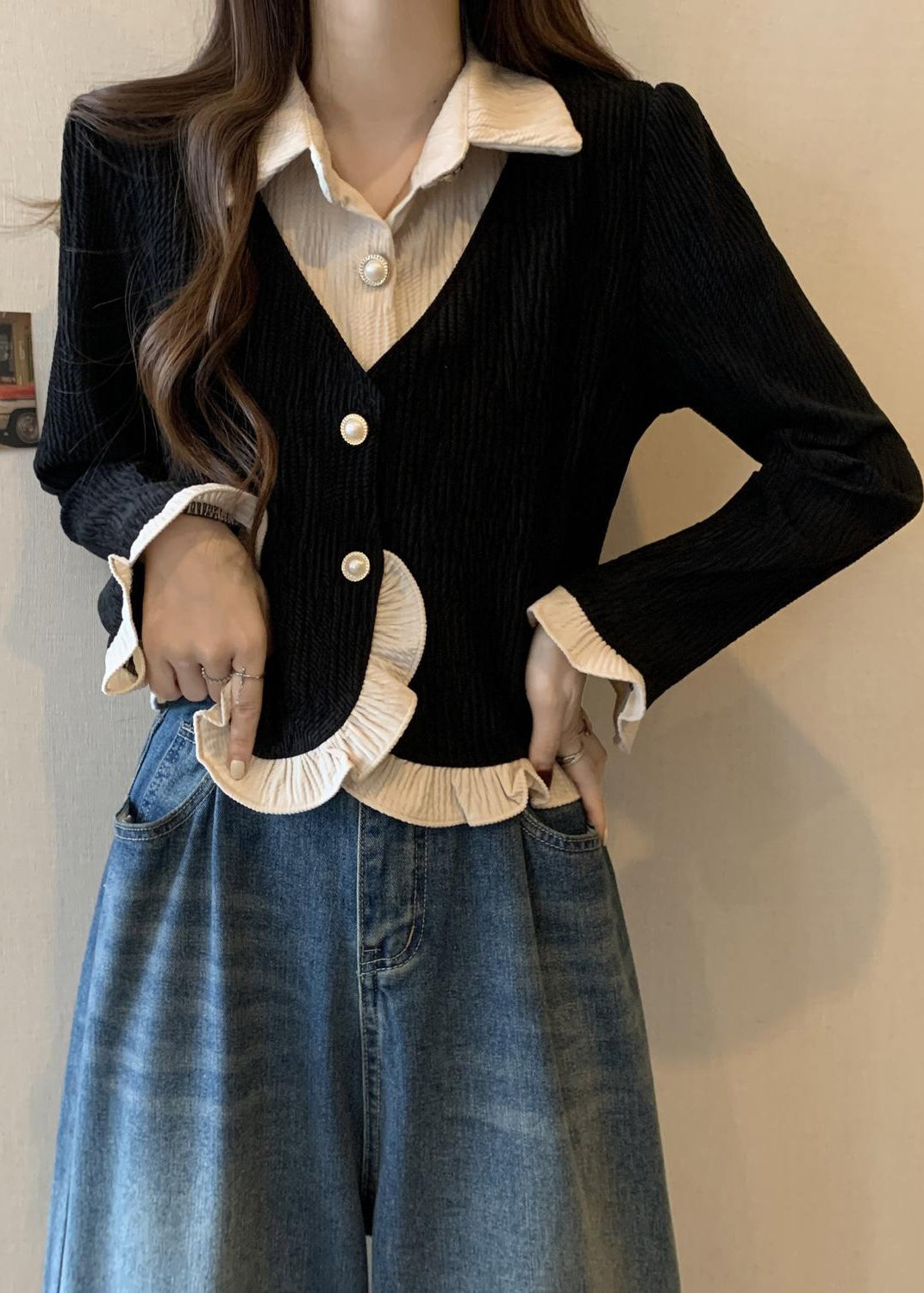 Unique Khakifarbenes, gerüschtes Patchwork-Zweiteiler-Cordtop für den Herbst QC043