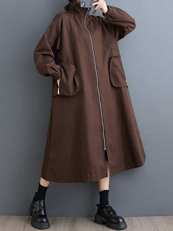 Trench-coat rétro kaki à col montant, poches zippées et manches longues TW005