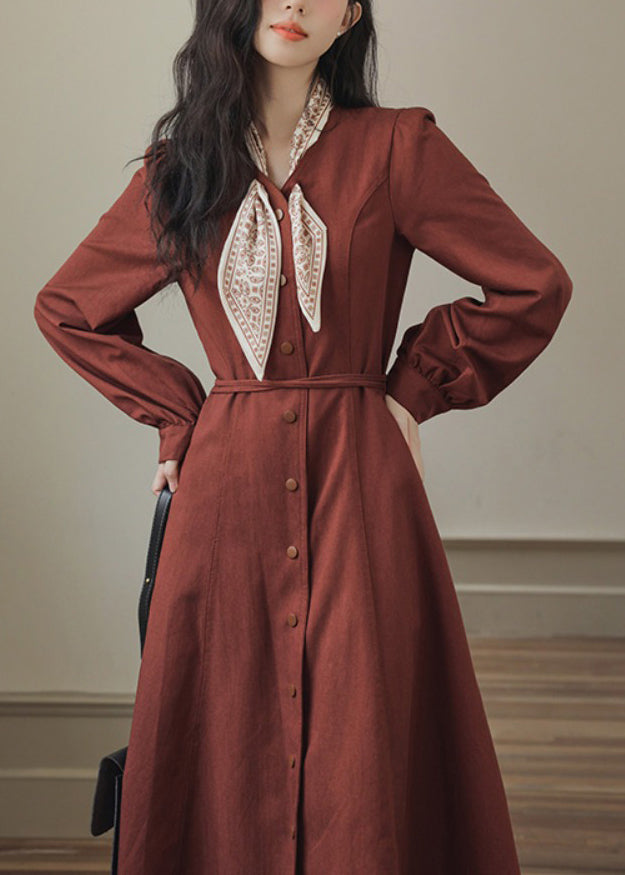 Fit Slim Pockets Kleid Schleife Rot Frühling Maxi Button