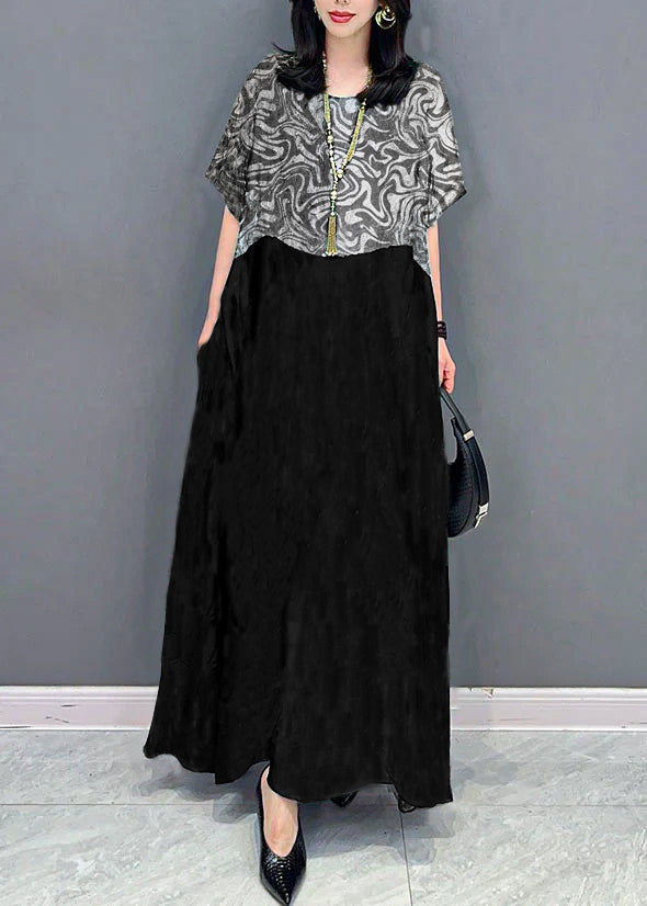Bohemian black texture O Neck Pockets Print Patchwork Silk Long Dresses Summer TT1032