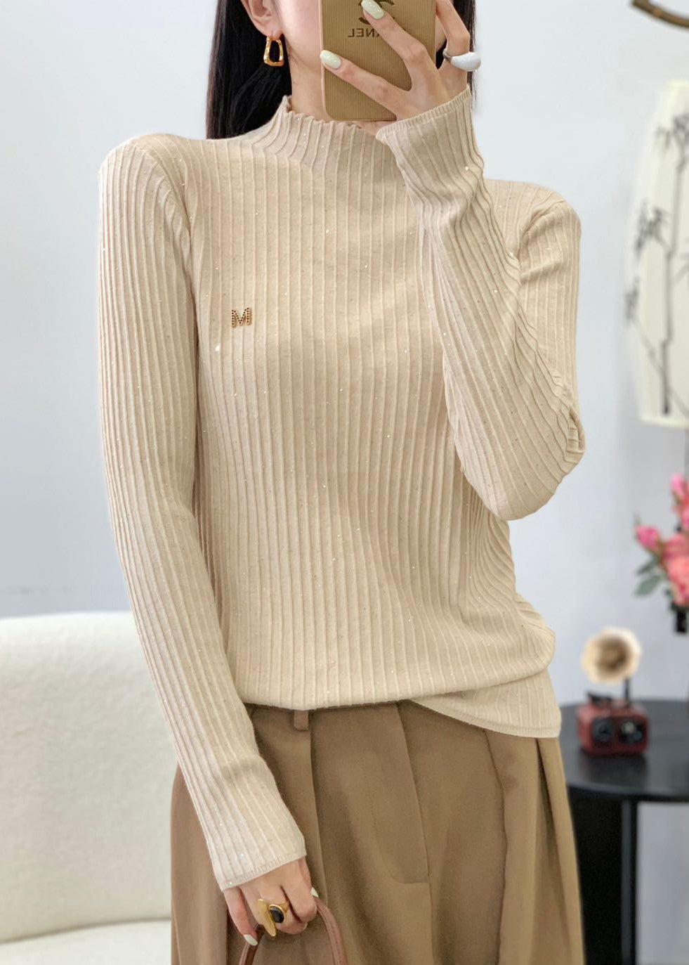 Pull en laine tricoté à paillettes rouge élégant à col rond Automne QC026