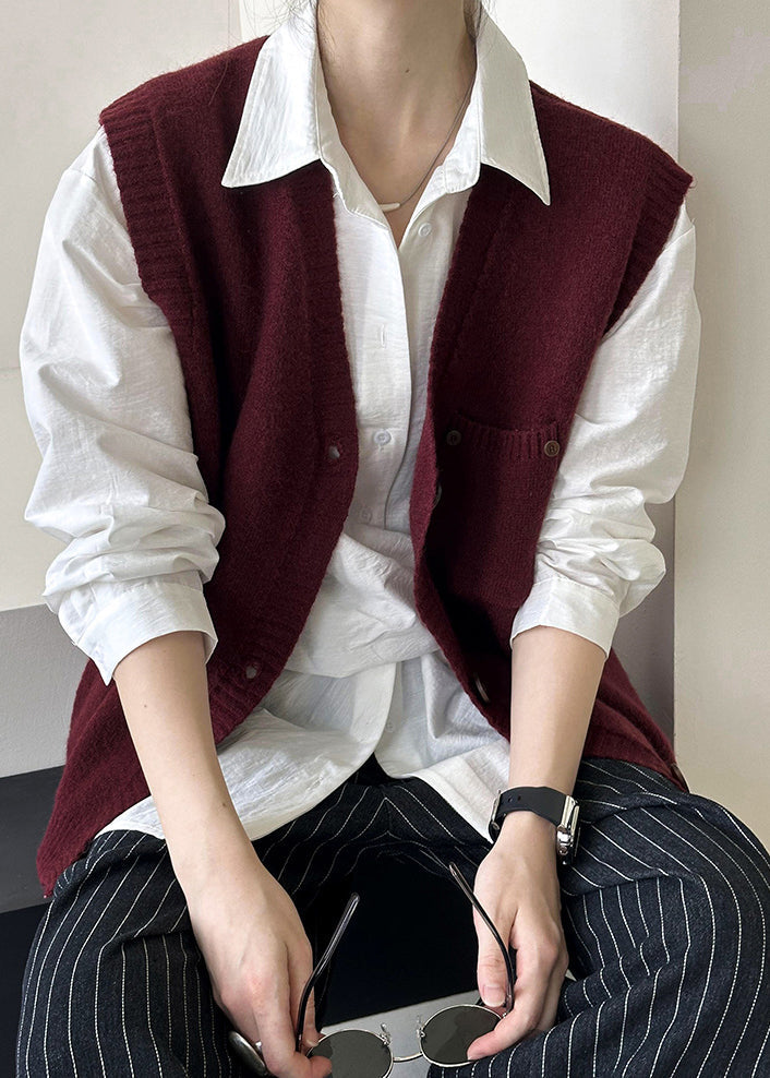 Gilet en tricot confortable avec poches rouge vin et col en V Automne AF1022