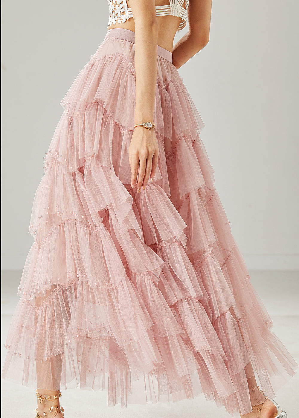Jupe de plage en tulle superposée avec perles roses italiennes pour l'été AZ1040