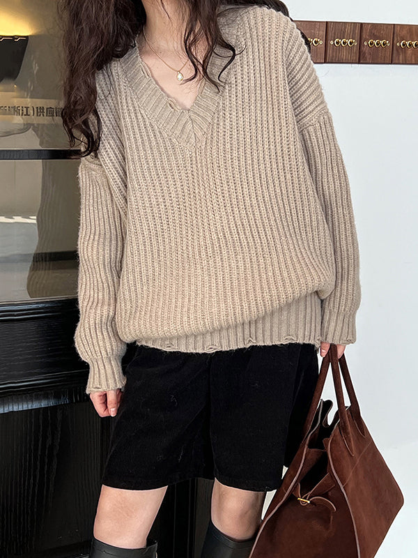 Pull en tricot à manches longues et col en V Urban Fuchsia AN1046