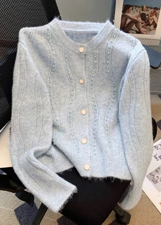 Cardigans en tricot de coton à perles bleues uniques pour l'automne WD034