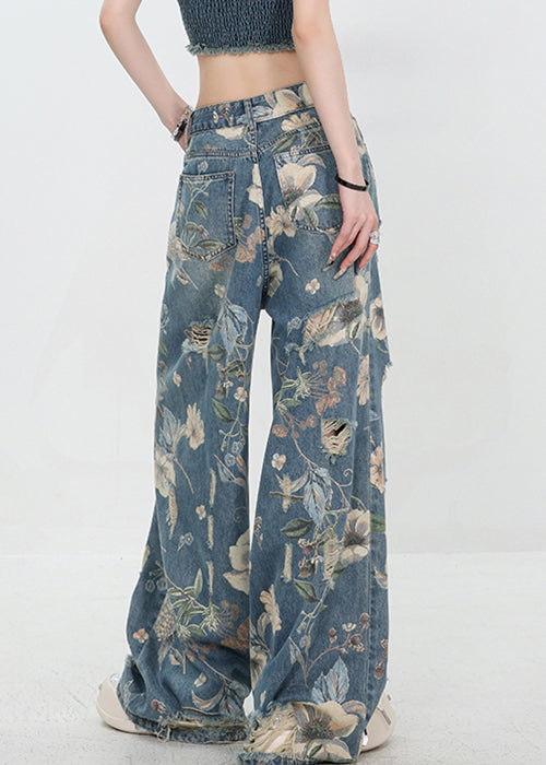 Pantalon d'été bleu unique en denim à imprimé troué