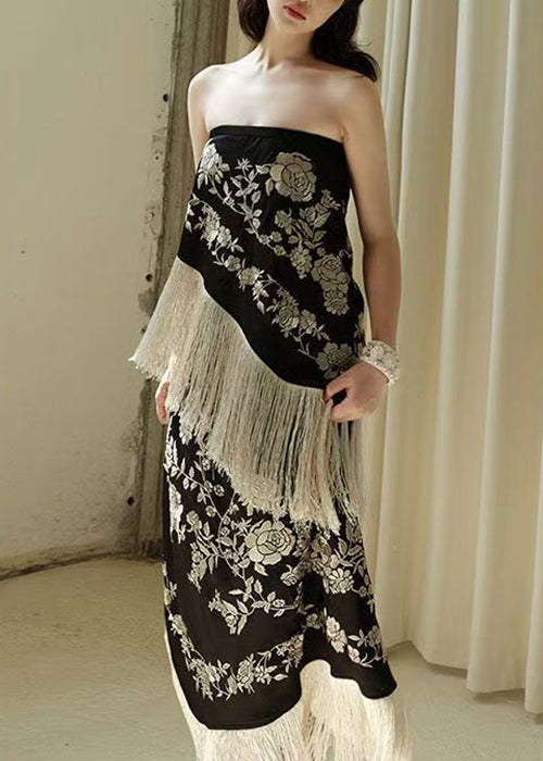 Schwarzes, ärmelloses, hochgeschlossenes, quastenbesetztes Patchwork-Kleid