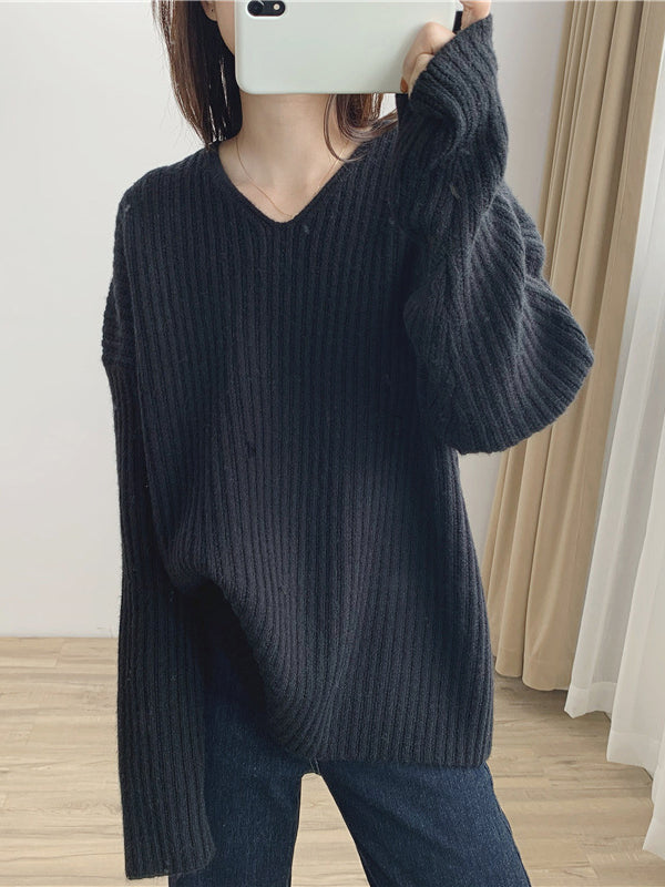 Vintage Karamell V-Ausschnitt Langarm Gestreifter Strickpullover QX001